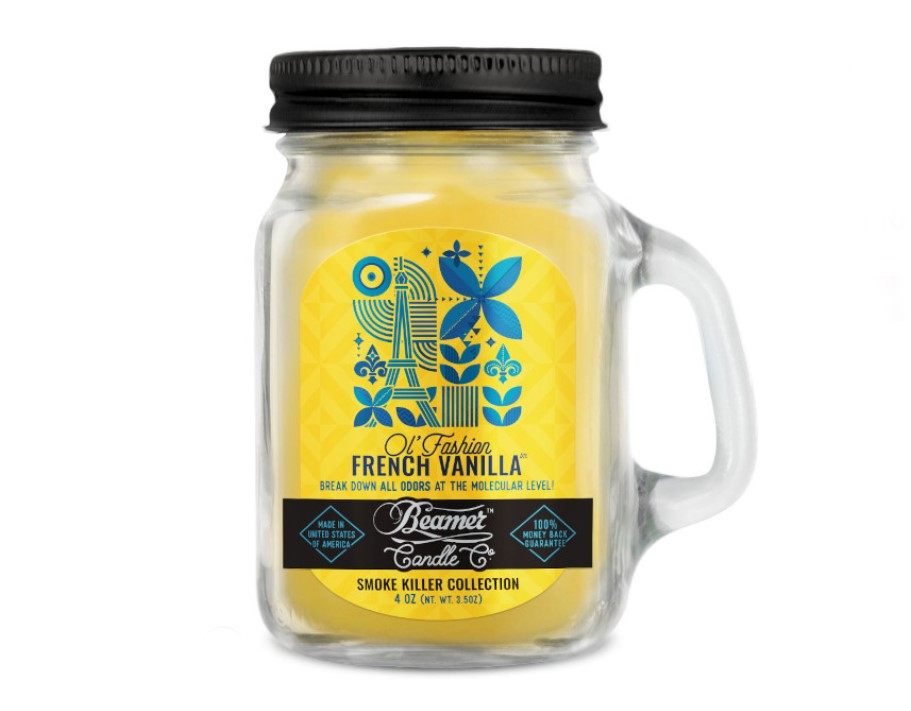 Smoke Killer illatgyertya üvegedényben, füllel és fém kupakkal – Ol’ Fashion French Vanilla - kicsi